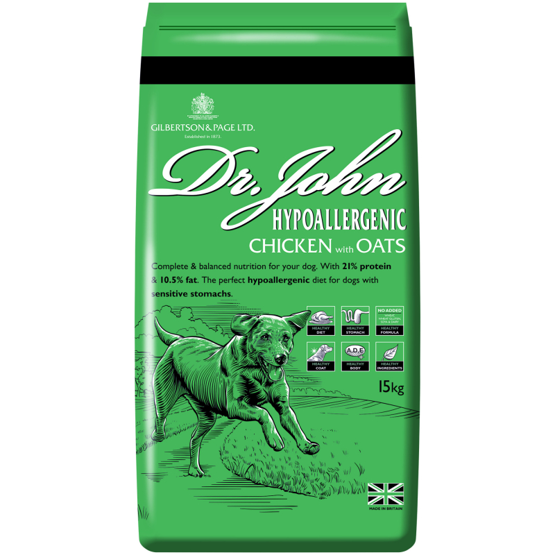 Se 15 kg Dr. John Hypoallergenic Chicken - hvedefrit voksenfoder med kylling hos Gilpa ApS