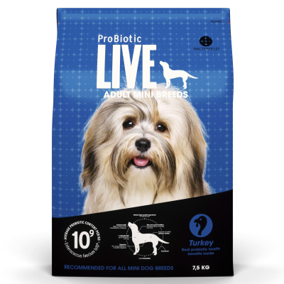Blå pose med 7.5 kg ProBiotic LIVE med kalkun til mini hunderacer