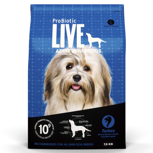 Blå pose med 7.5 kg ProBiotic LIVE med kalkun til mini hunderacer