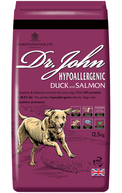 Se 12,5 kg Dr. John Hypoallergenic Duck and Salmon - med and og laks hos Gilpa ApS