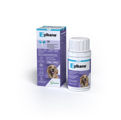 Dåse med 30 kapsler Zylkene til hunde mellem 15 kg og 60 kr. Dåse med 30 kapsler Zylkene til hunde mellem 15 kg og 60 kr.