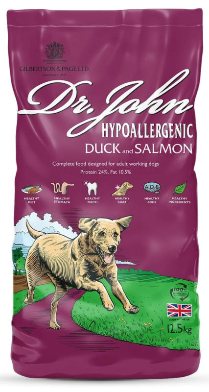 12,5 kg Dr. John Hypoallergenic Duck and Salmon - med and og laks