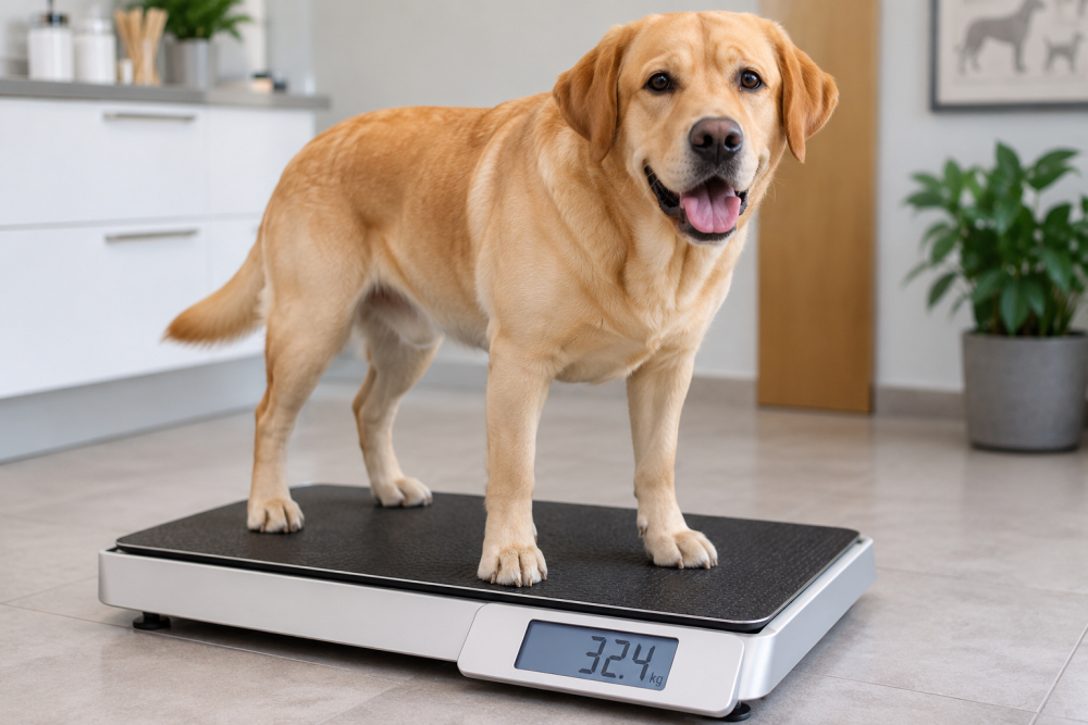 Lys labrador der står på en vægt - og vejer 32,4 kg