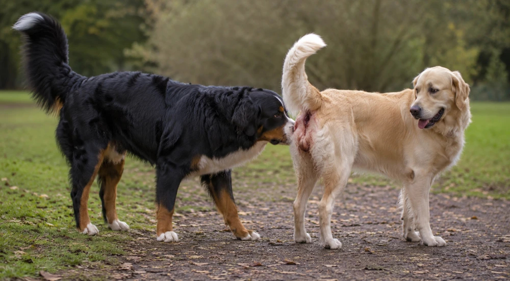 Hanhund snuser en tæve bagi - Løbetid hos tæver – hvor længe er hunde i løbetid, og hvad skal du gøre?
